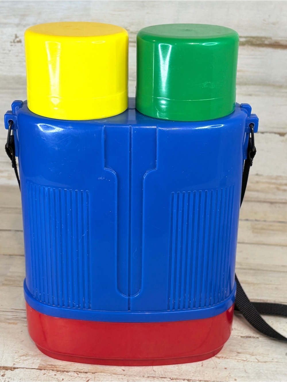 Vintage Crown Corning Dual Thermos # 5633 Binoculars Style Blue Red Lids & Cups